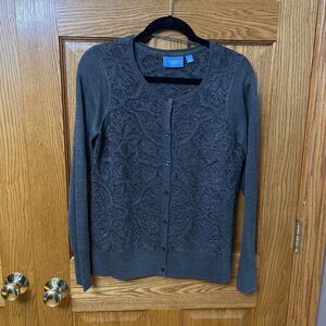 Simply Vera Wang Cardigan Size Medium Button Up Sweater Sparkly Floral Gray Grey
